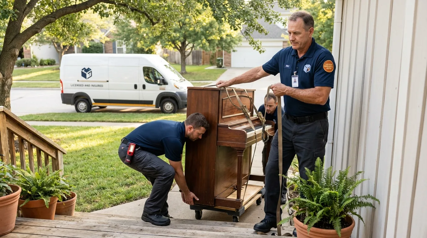 Licensed piano movers securing grand piano in Victoria, VA