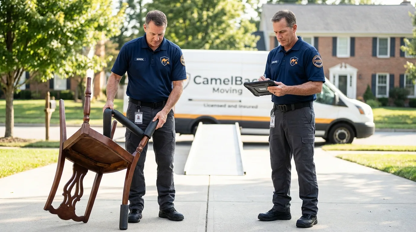 Movers inspecting furniture for damage prevention before loading in Victoria, VA