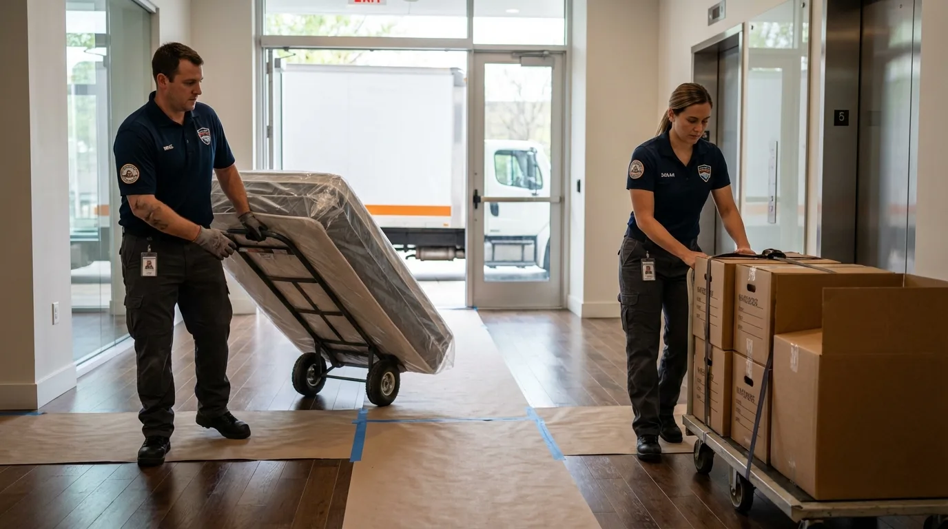 Professional apartment movers loading elevator in Victoria, VA
